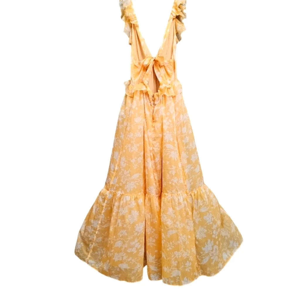 Nwot Abercrombie & Fitch Orange/White Floral Ruffle Bodice Tie Back Maxidress